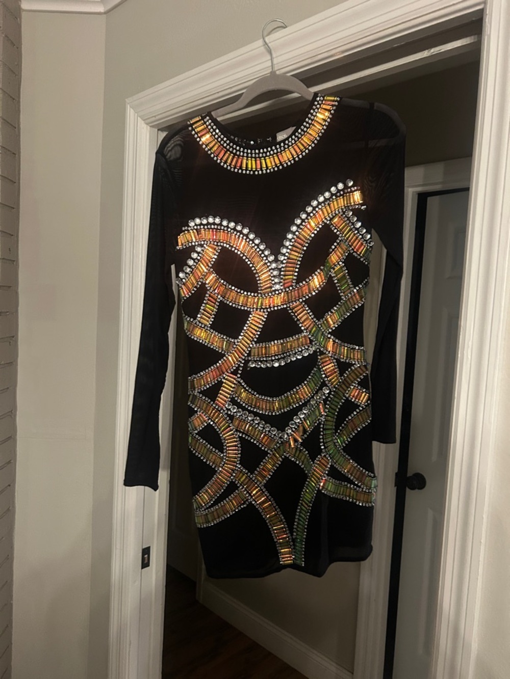 ASOS Black Long-Sleeve Beaded Bodycon Dress with Gold & Green Accents